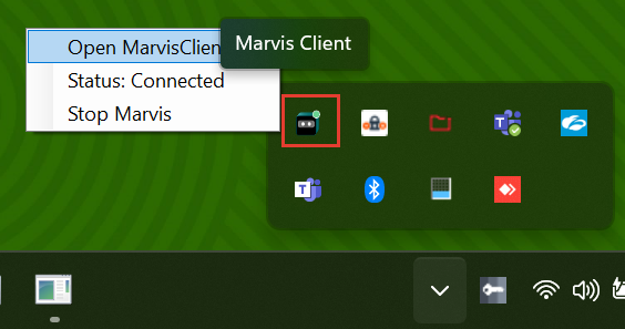 System tray with application icons including Microsoft Teams and Bluetooth. Context menu for Marvis Client shows options Open MarvisClient, Status Connected, and Stop Marvis.