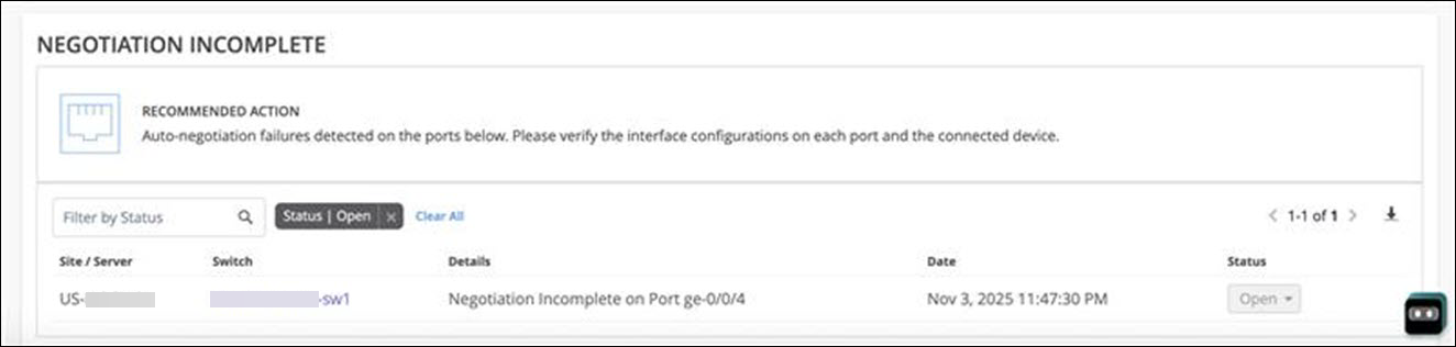 Network management interface showing notification: Negotiation Incomplete. Auto-negotiation failures detected on ports. Verify interface configurations and connected device. Details: Port ge-0/0/4 at site/server and switch listed. Status: Open as of Nov 3, 2025, 11:47:30 PM.