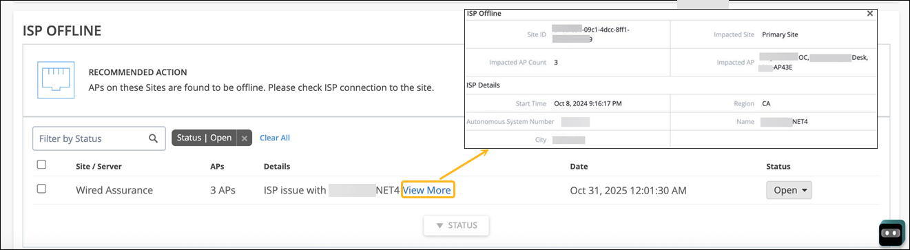 ISP Offline issue dashboard showing 3 Access Points offline at Wired Assurance site due to NET4 ISP outage. Status open since Oct 8, 2024.