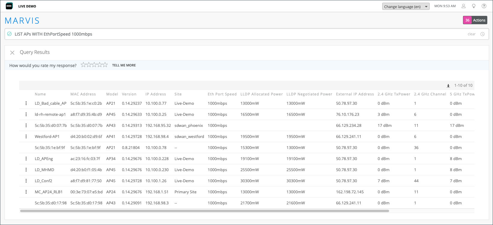 Screenshot of Marvis network management interface showing query results for LIST APs WITH EthPortSpeed 1000mbps. Table lists access points with columns for name, MAC address, model, firmware version, IP addresses, site, Ethernet port speed, LLDP power details, transmission power, and channels. Options for language change, rating, and actions are visible.