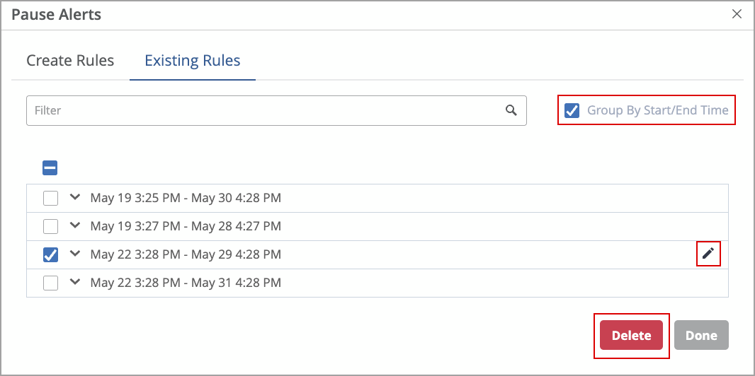 User interface for managing Pause Alerts with Existing Rules tab selected. Features include rule list with start and end times, filter field, group by time option, edit and delete actions, and Done button. One rule is selected.