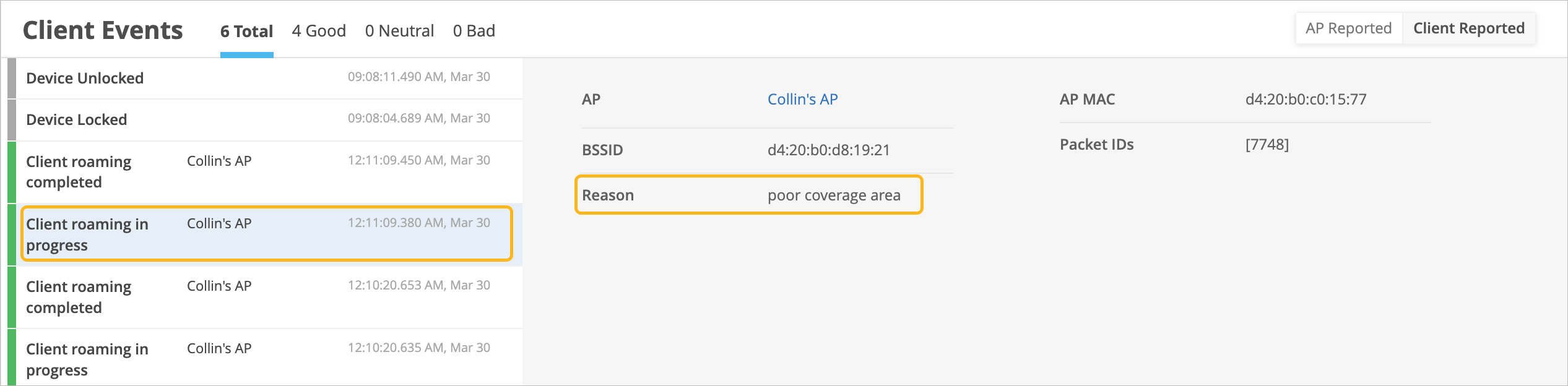 Client Events log showing device connection activity to Collin's AP, including Device Unlocked, Device Locked, Client roaming completed, and Client roaming in progress, with timestamps, BSSID, and roaming reason noted as poor coverage area.