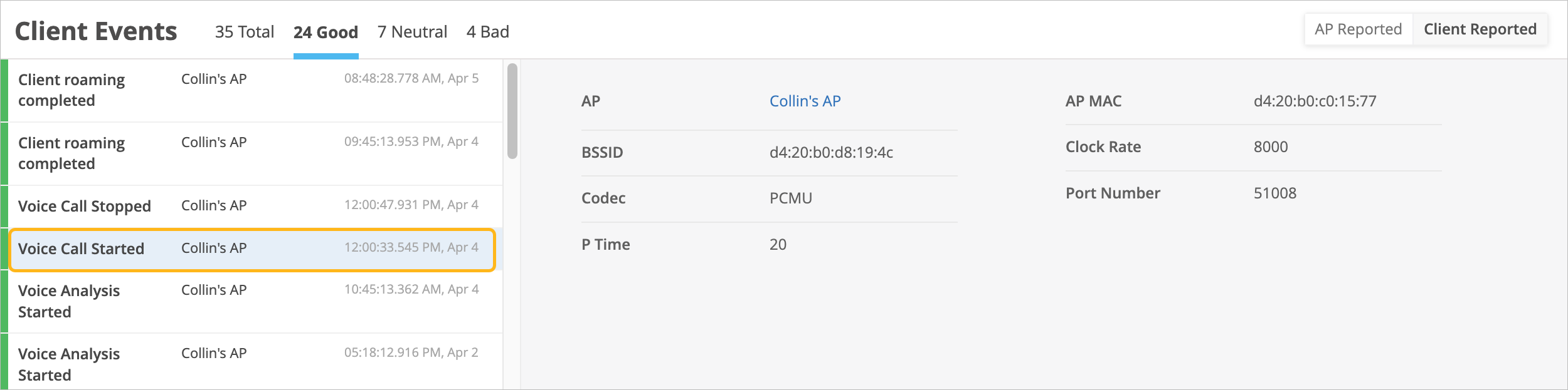 Client Events log interface showing network activity details, including timestamps, event types like Client roaming completed and Voice Call Started, access point names, and specifics like codec, packetization time, and port number for monitoring and troubleshooting.