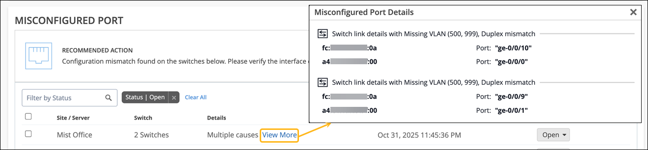 Misconfigured Port interface showing a configuration mismatch on switches with filtering options, table of affected ports, and detailed pop-up listing VLAN and duplex issues.