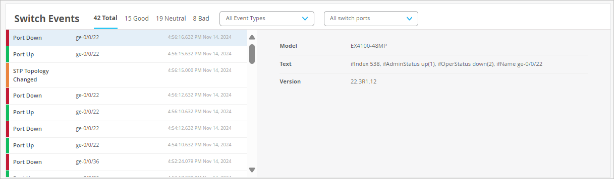 Network monitoring interface showing switch events with filtering options and a detailed event panel, including port status changes and technical details for troubleshooting.