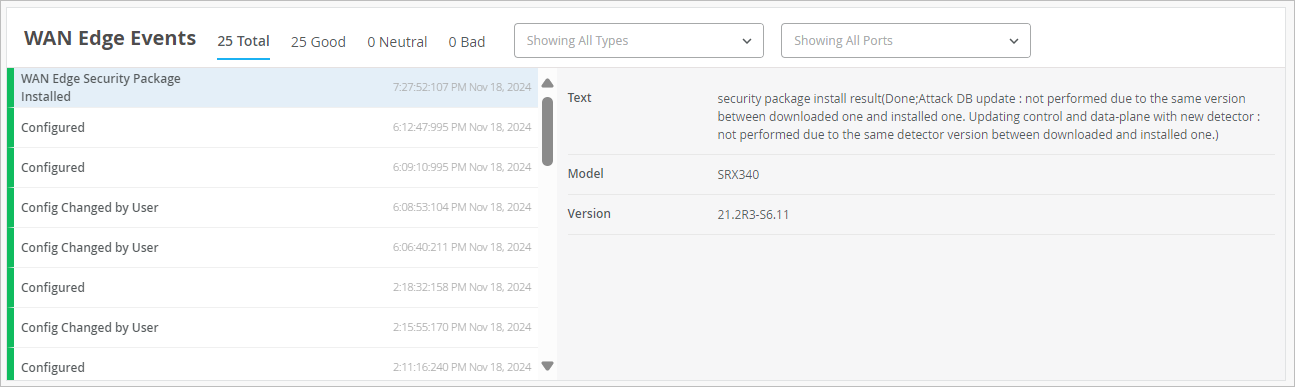 WAN Edge Events log interface showing 25 total events, all marked as good. Highlighted event details: security package installation result for SRX340 model, version 21.2R3-S6.11, updates skipped due to same version installed. Filters for event type and port visible at top.