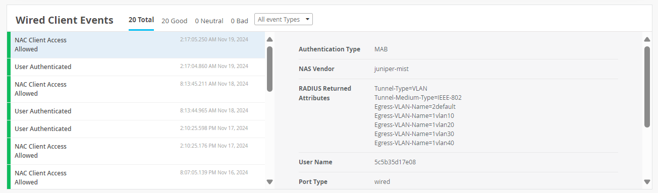 Dashboard interface for monitoring wired client events, showing 20 total events with 20 good events, and details like authentication type, NAS vendor, RADIUS attributes, user ID, and wired port type.