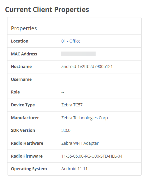 Current Client Properties screen showing device details such as location 01 - Office, hostname android-1e2ffb2d7900b121, device type Zebra TC57, manufacturer Zebra Technologies Corp, and OS Android 11.