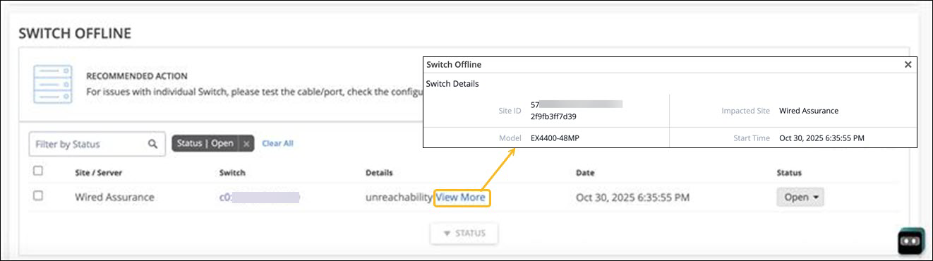 Network management interface showing Switch Offline issue. Recommended action is to test cable or port and check configuration. Filter set to Open with details including Wired Assurance site, switch ID partially obscured, model EX4400-48MP, issue Unreachability, start time October 30 2025 at 6:35 PM, and status Open. View More option available for additional details.