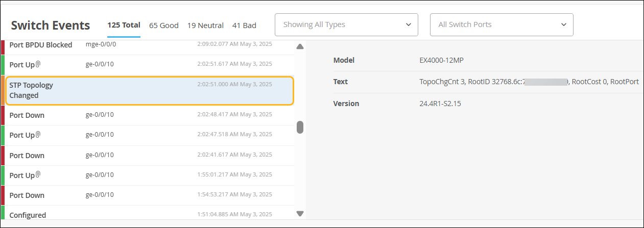 Network monitoring interface showing Switch Events with details on STP Topology Changed event for EX4000-12MP model.