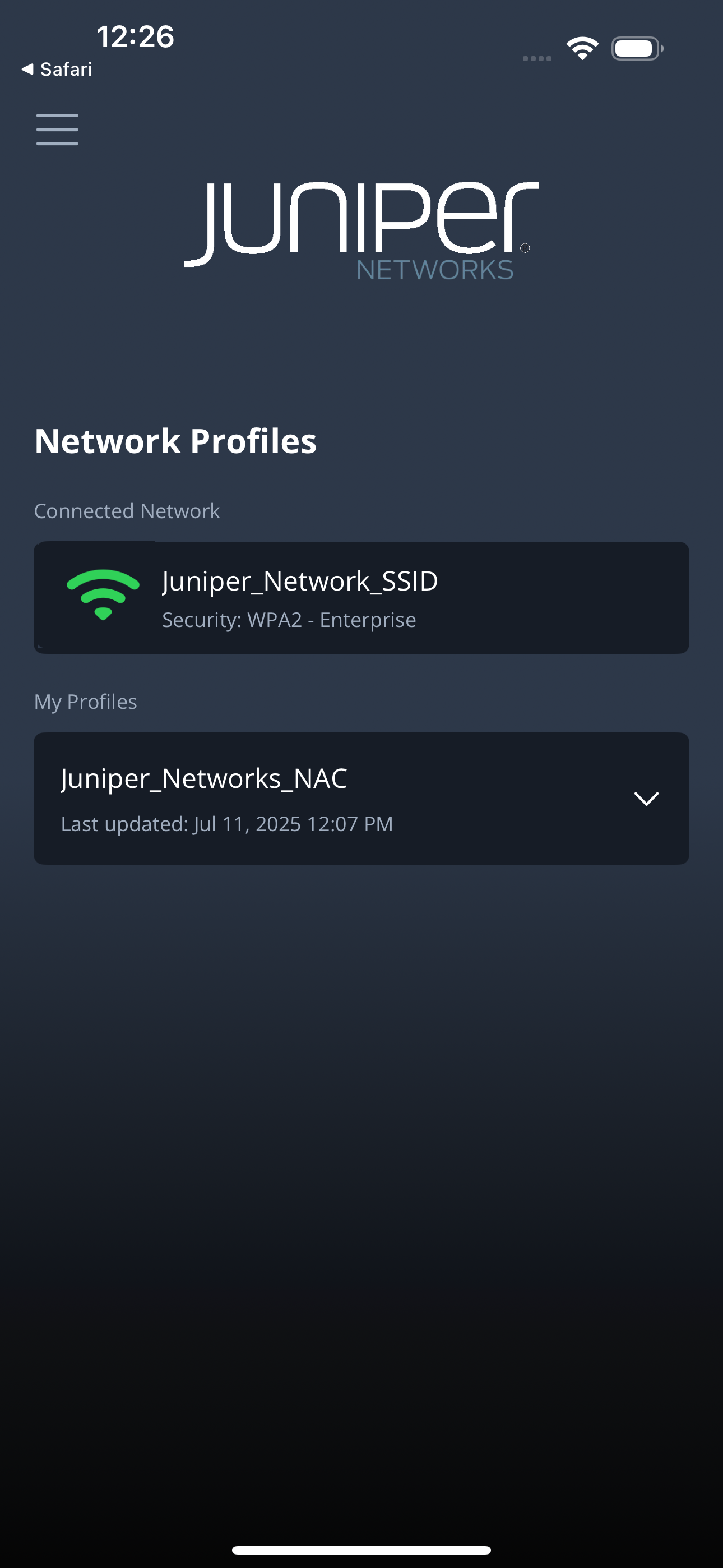 Juniper Networks mobile interface showing connected network Juniper_Network_SSID with WPA2 - Enterprise security and profile Juniper_Networks_NAC last updated July 11 2025 at 12:07 PM. Dark theme with navigation menu icon and status indicators.