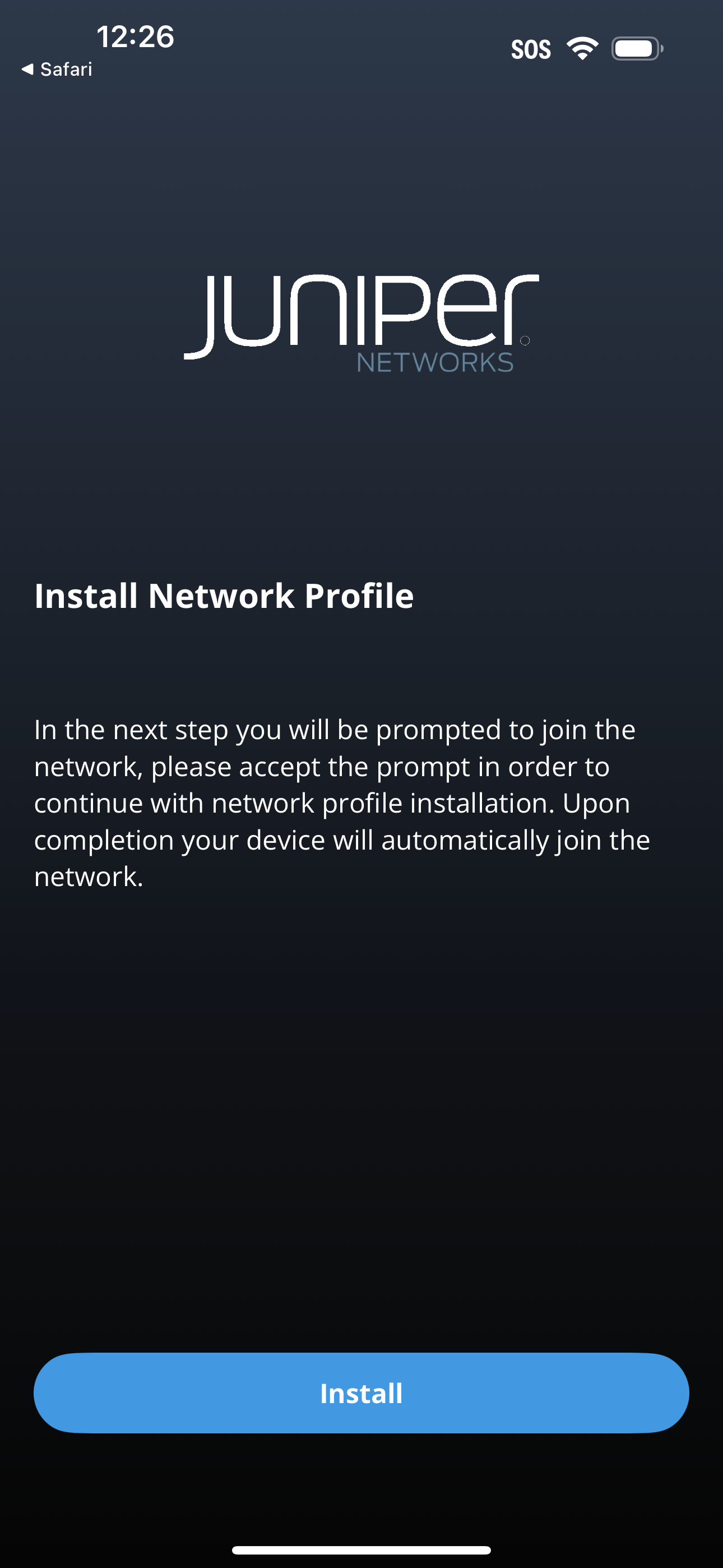 Install Network Profile prompt from Juniper Networks with instructions to join the network and a blue Install button at the bottom.