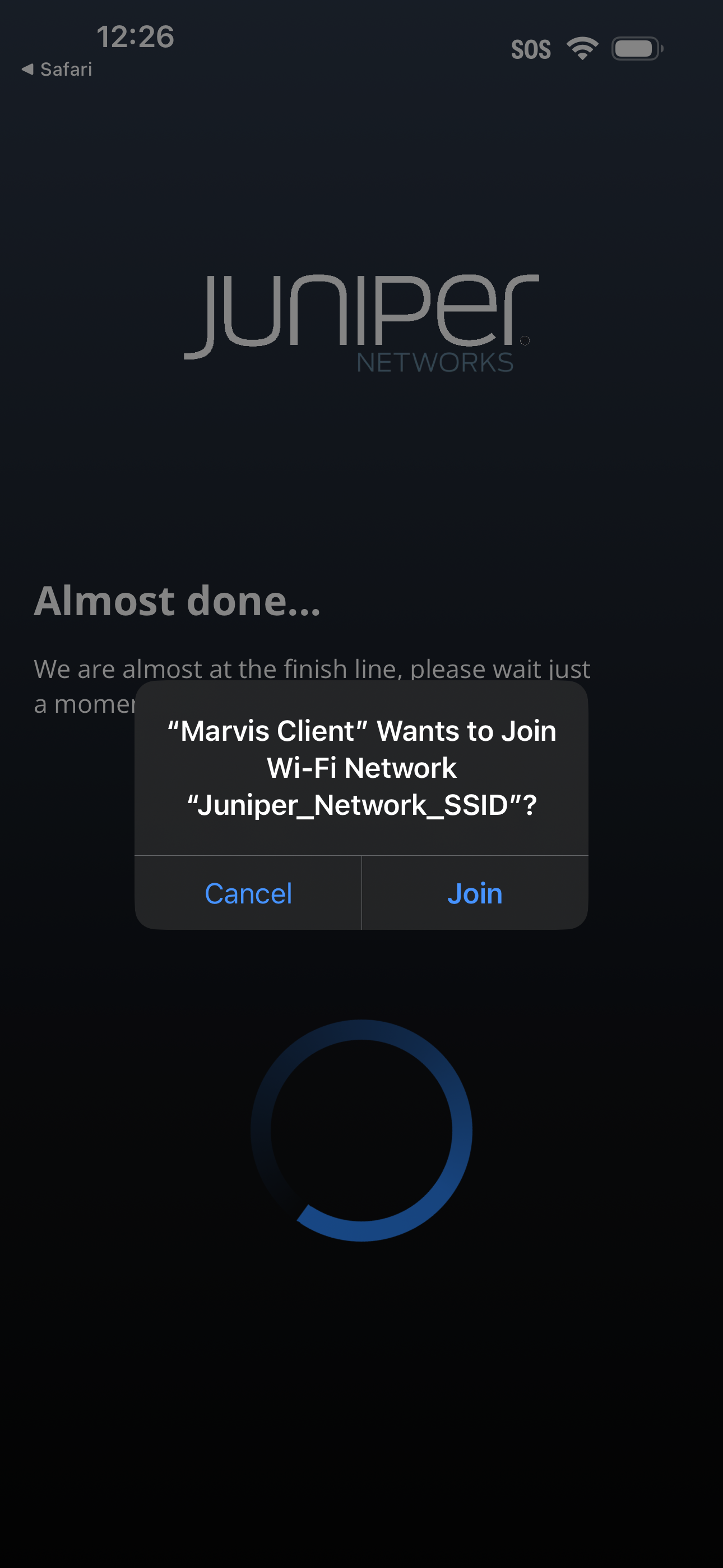 Marvis Client requests to join Juniper_Network_SSID Wi-Fi; options are Cancel or Join; loading progress visible.