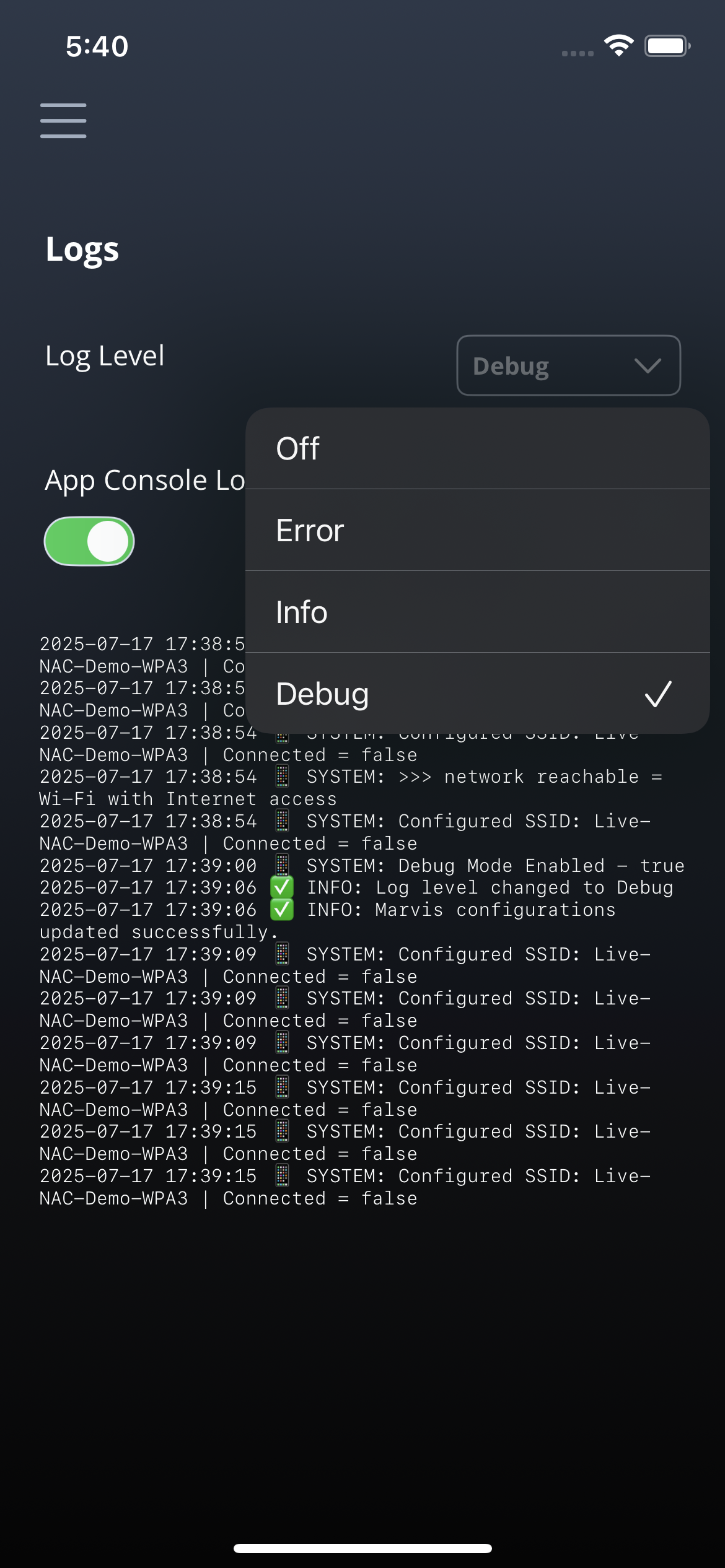 Mobile app interface showing a logging system with Logs title, Debug log level selected, App Console Logs toggle on, and timestamped log entries detailing network configurations, debug mode, and connection statuses.