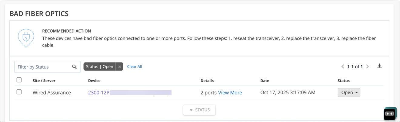 Network management interface showing BAD FIBER OPTICS issue with recommended actions to reseat or replace transceiver and fiber cable. Status Open for two affected ports under Wired Assurance.