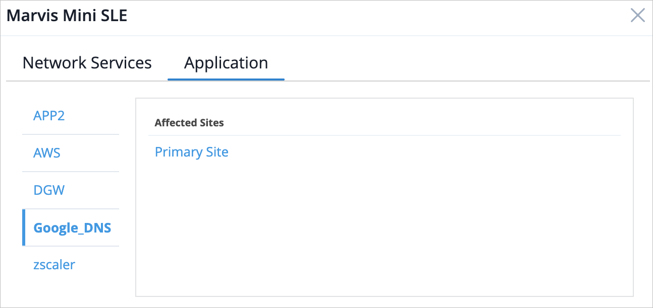 User interface of Marvis Mini SLE with Application tab selected. Google_DNS is highlighted in the services list, and Primary Site is listed under Affected Sites.