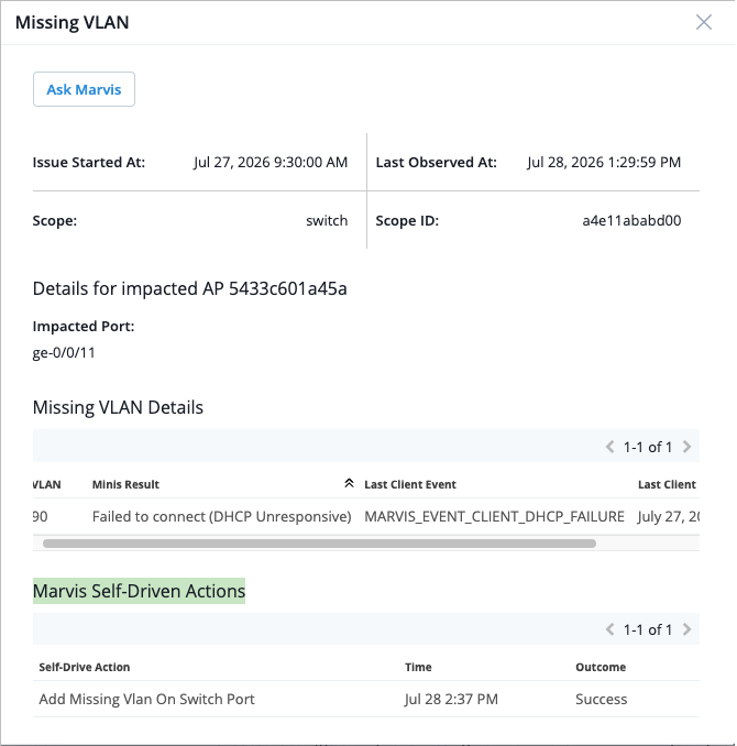 Diagnostic interface showing Missing VLAN issue