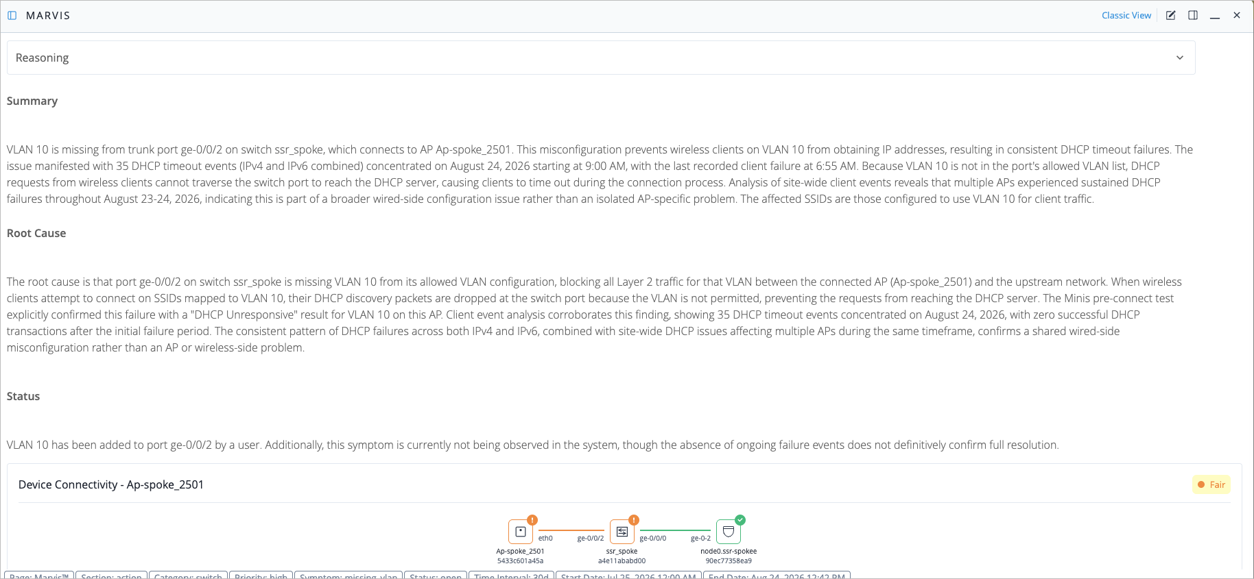 Diagnostic report analyzing a missing VLAN.