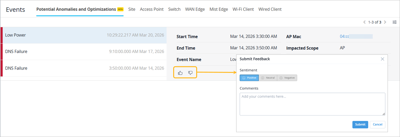 User interface for monitoring events under Potential Anomalies and Optimizations Beta, listing events like Low Power and DNS Failure with timestamps, impacted scope, and feedback options including sentiment and comments. Submit and Cancel buttons are visible.