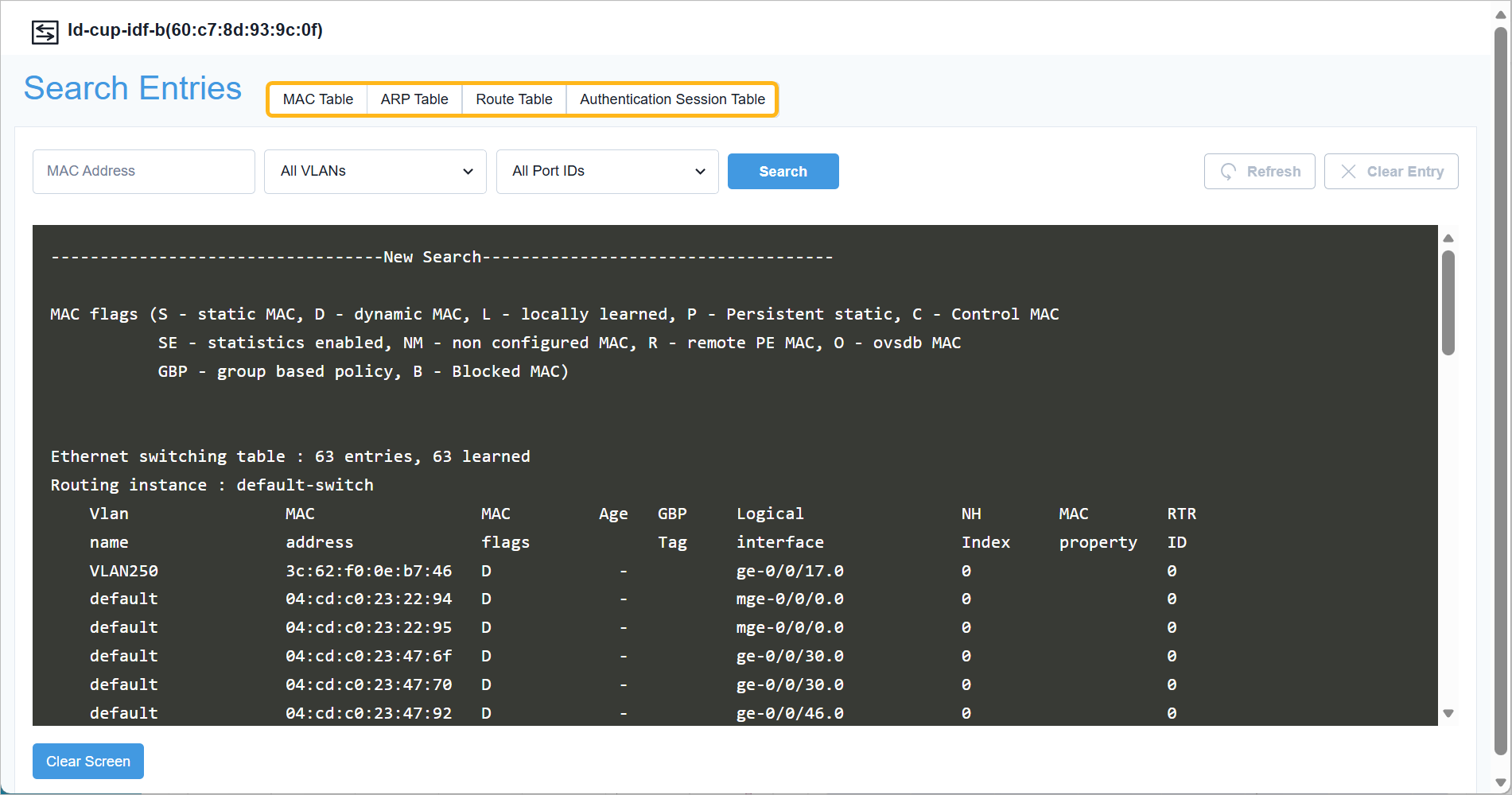 Network management interface displaying a Search Entries page with tabs, search filters, results table of 63 MAC address entries, and action buttons for managing network data.