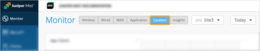 Juniper Mist interface showing navigation menu with Monitor and tabs Wireless, Wired, WAN, Application, Location, Insights. Location tab is active with Site3 and Today selected.