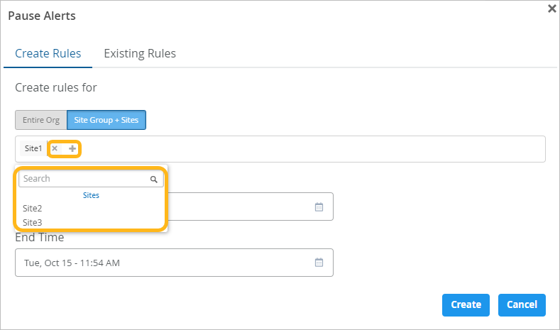 Selecting Site Groups and Sites for Pause Alerts