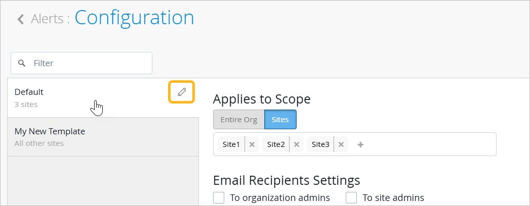 Alerts configuration interface with title Alerts Configuration. Templates section lists Default and My New Template. Pencil icon for editing Default template. Applies to Scope section defines alert scope: Entire Org or specific Sites like Site1 and Site2. Email Recipients Settings has checkboxes for selecting recipients like To organization admins. Filter Bar on top left for finding items.