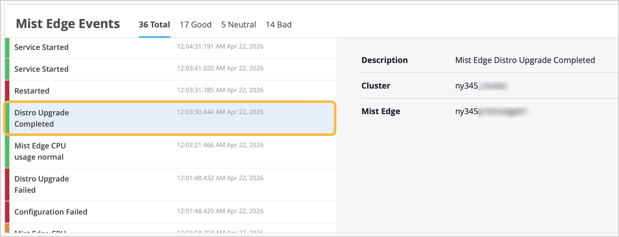 Distro Upgrade Completed event on Mist Edge Insights page