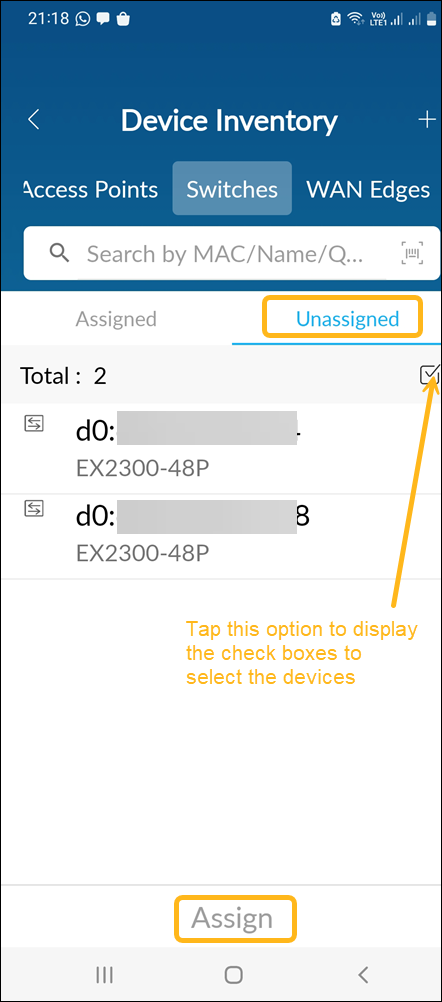 Device Inventory interface showing the Switches tab with two unassigned EX2300-48P devices listed, selection checkboxes, and Assign button at the bottom.