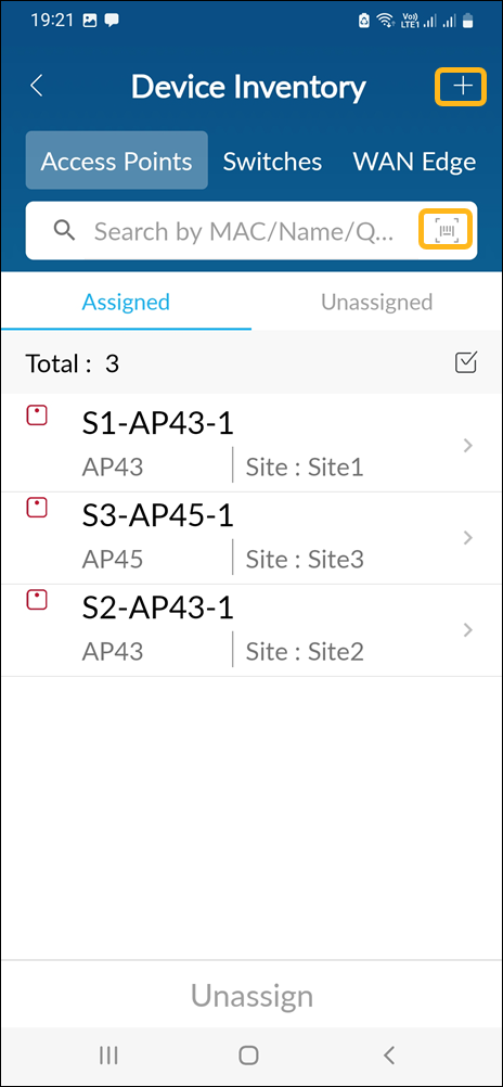 Device Inventory interface showing search bar with barcode scanner icon, device list with names, types, and sites, total devices count of 3, Assigned and Unassigned tabs, and Add button for adding devices.