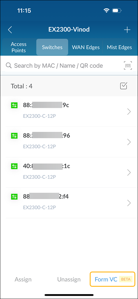 Network management interface showing 4 EX2300-C-12P switches under label EX2300-Vinod. Includes search bar, switch count, green icons, MAC addresses, and options Assign, Unassign, Form VC Beta.