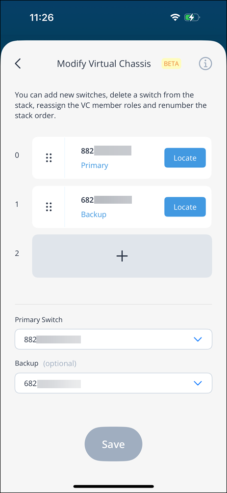 Mobile app interface for managing virtual chassis configuration, showing Primary and Backup switches with Locate buttons, options to add switches, reassign roles, renumber stack order, and Save changes. BETA version.