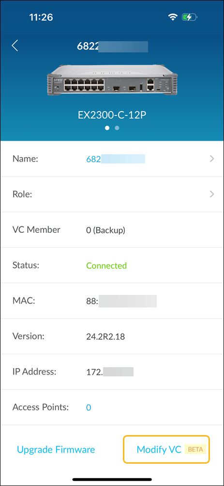 Network management interface for Juniper EX2300-C-12P switch showing device details: name, role, VC member status, connection status, MAC address, firmware version, IP address, number of access points, options to upgrade firmware and modify VC beta.