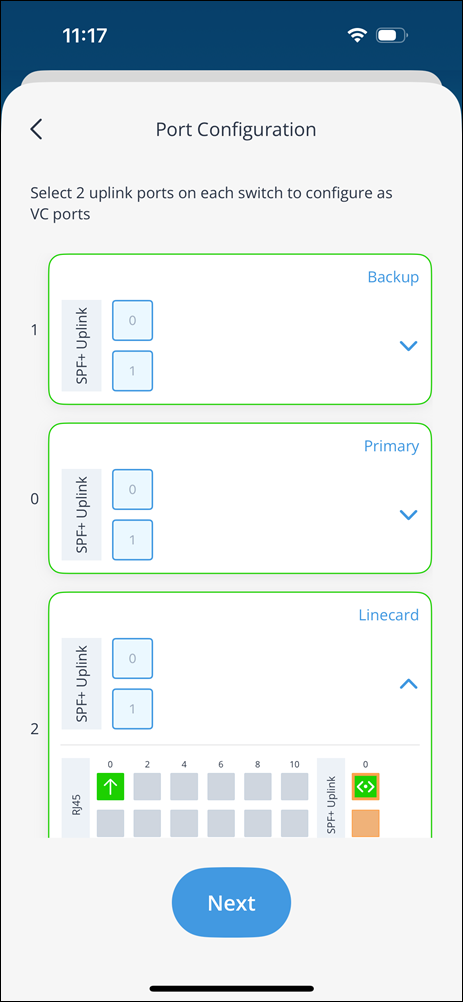 Port Configuration screen for selecting uplink ports as VC ports on switches. Sections labeled Backup, Primary, and Linecard with options for ports 0 and 1 under SPF+ Uplink. Diagram shows port configurations including RJ45 and SPF+ Uplink ports. Next button available to proceed.
