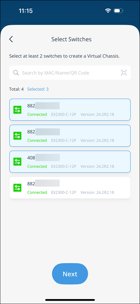 Mobile app interface showing four network switches for Virtual Chassis. Three switches selected, each with unique ID, model EX2300-C-12P, and status Connected. At bottom, Next button. Search bar for finding switches by MAC address, name, or QR code.