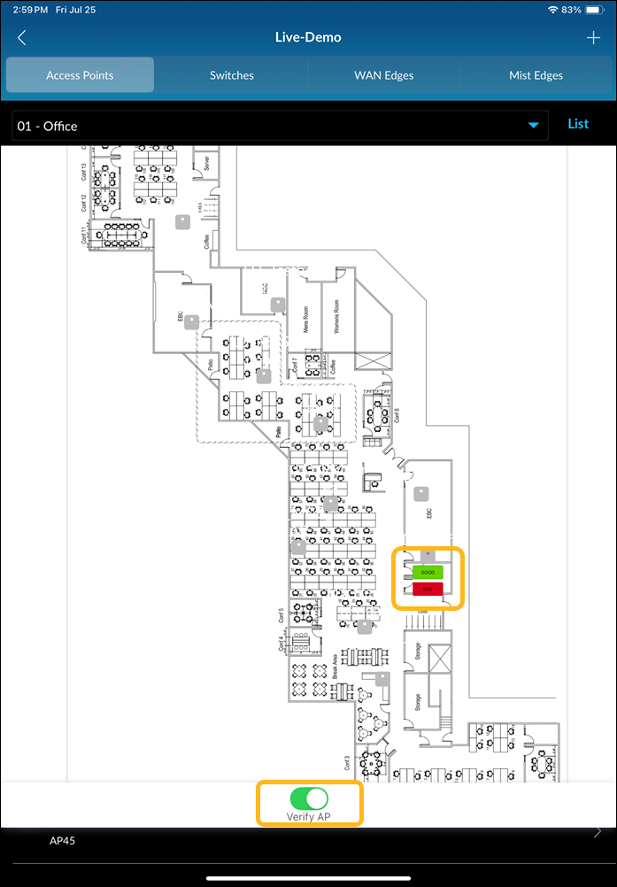 Network management interface screenshot showing an office floor plan with labeled areas, highlighted wireless access point status, Verify AP toggle switched on, and navigation tabs for network components like Access Points and Switches.
