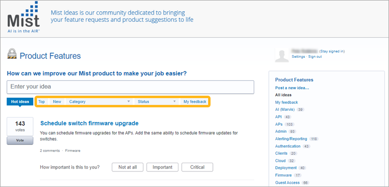buttons and drop-down lists on the Product Features page