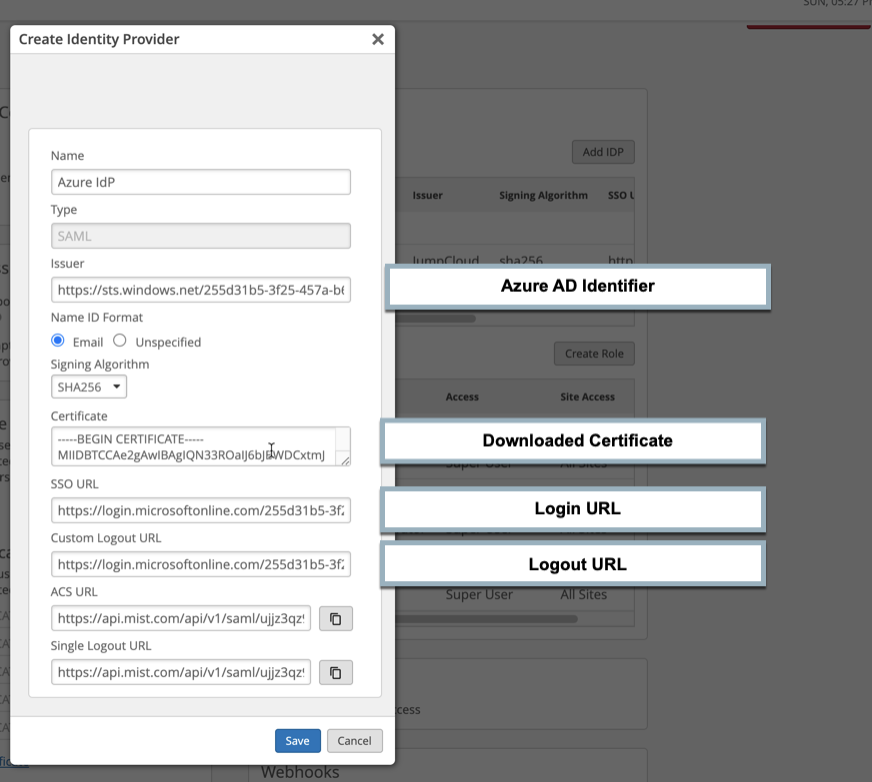 Example: Create Identity Provider window and corresponding fields from Azure
