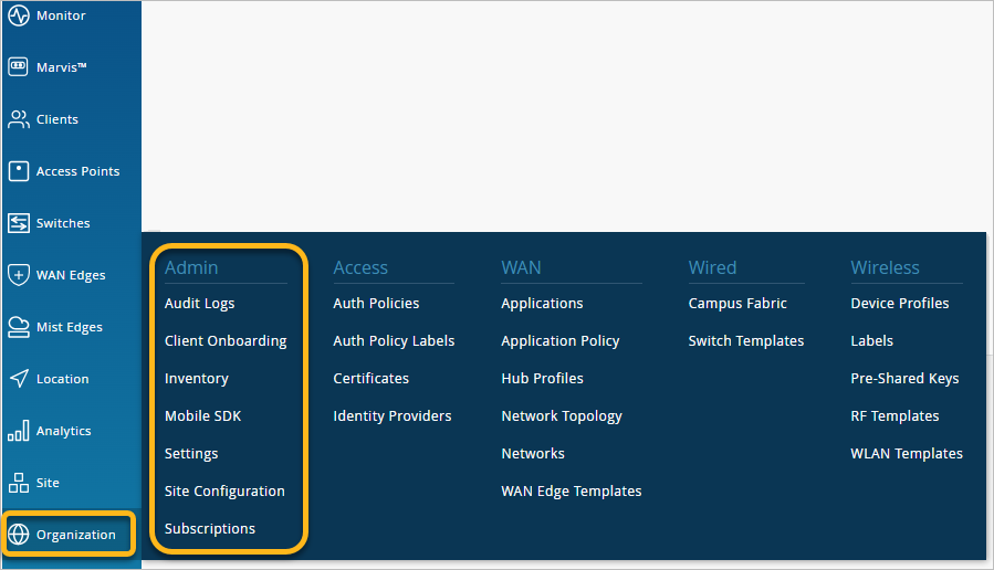 Location of the Organization menu