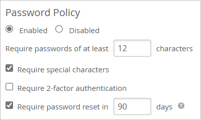 Example - Password Policy enabled with requirements for character count, special characters, and reset