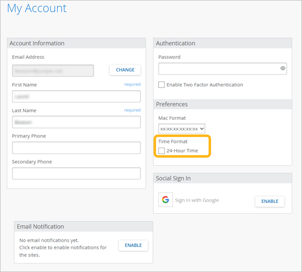 Time Format check box on the My Account page
