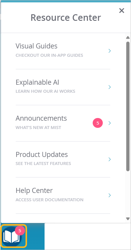 Resource Center button and menu options