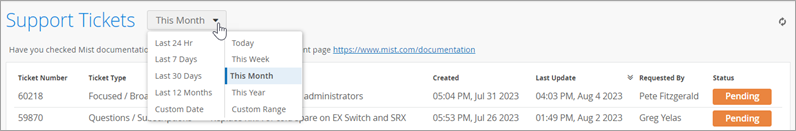 Example - selecting a time period on the Support Tickets page