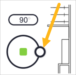 Circular control with green square labeled 90 degrees, yellow arrow highlights feature, schematic diagram on the right.
