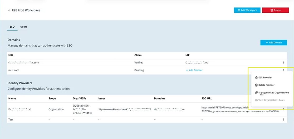 User interface for managing Single Sign-On settings in E2E Prod Workspace with sections for Domains and Identity Providers, options to add domains and providers, and dropdown for provider actions.