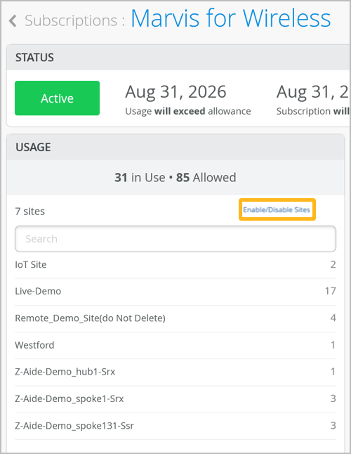 Location of the Enable/Disable Sites Button on the Subscriptions Page