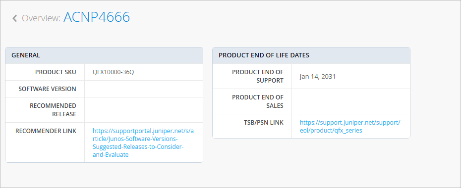 Juniper Networks EX4100-48MP product overview including SKU, software version, recommended release, hardware and software lifecycle details, and advisory links.