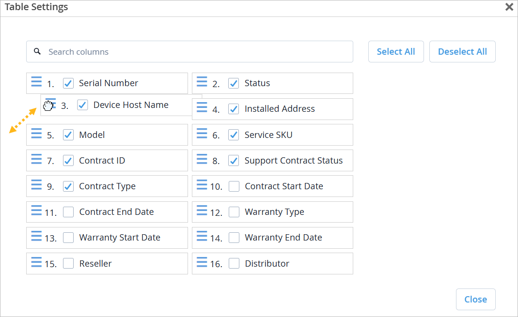 Column Settings Pop-Up Window showing check boxes and illustrating how to drag an item to a new position