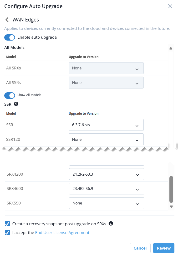 Configuration interface for enabling auto-upgrade of WAN Edge devices. Includes toggles for auto-upgrade and showing all models, dropdowns for selecting software versions, options for recovery snapshots and license agreement, and Cancel and Review buttons.