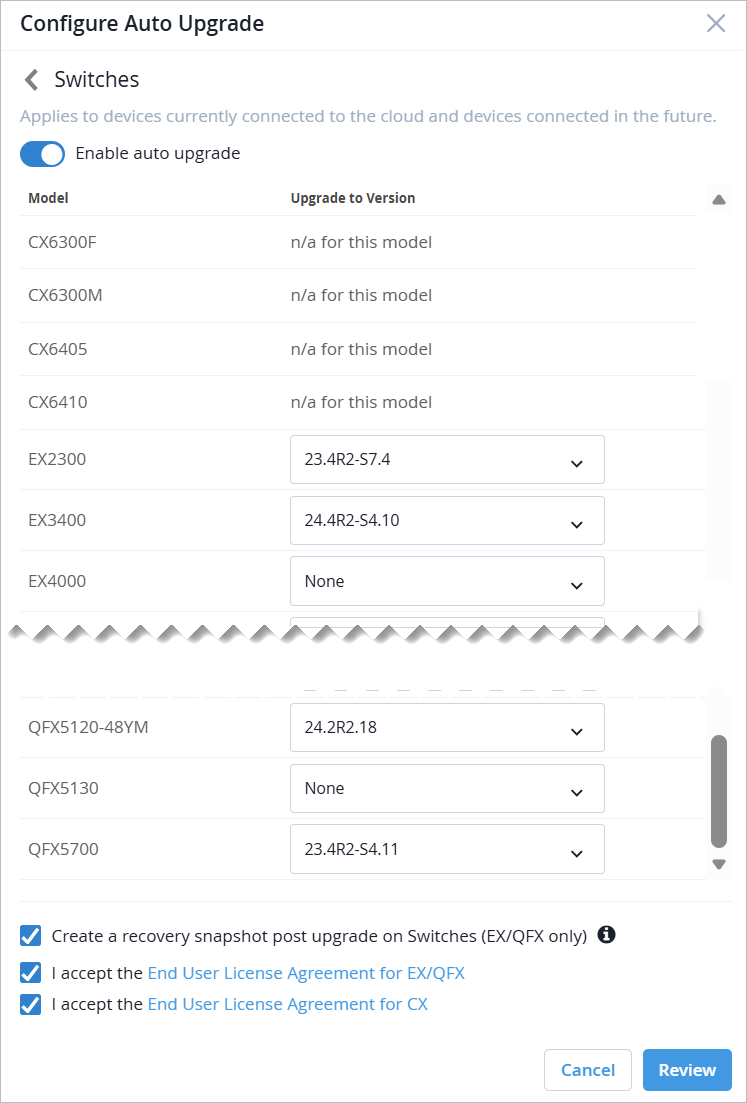 Configuration interface for managing auto-upgrades of network switches, with options to select upgrade versions, enable recovery snapshots, and accept license agreements.